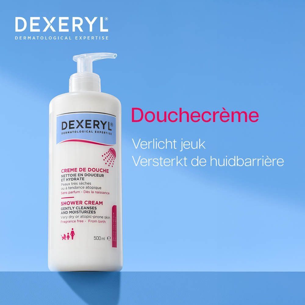 Een wit pompflesje Dexeryl Douchecrème op een blauwe achtergrond met tekst.