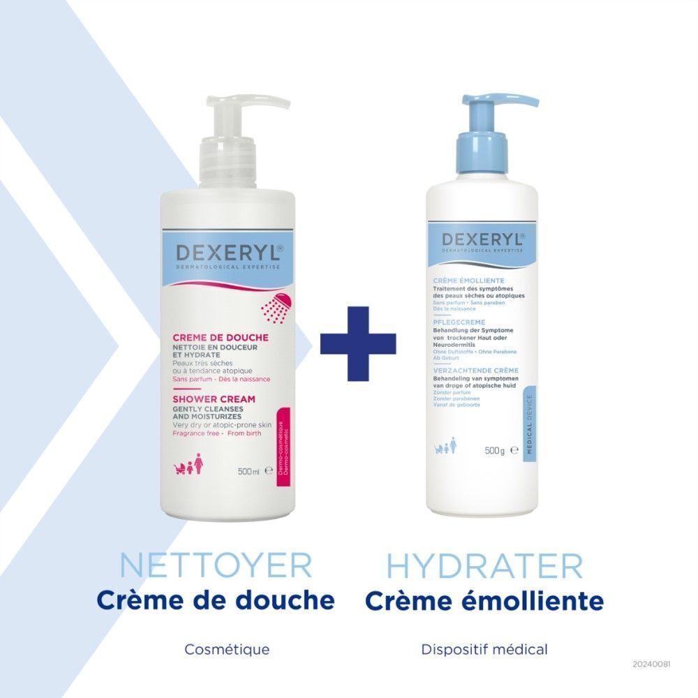 Deux produits: Dexeryl Crème de Douche et Crème émolliente. Textes: Nettoyer, Hydrater.
