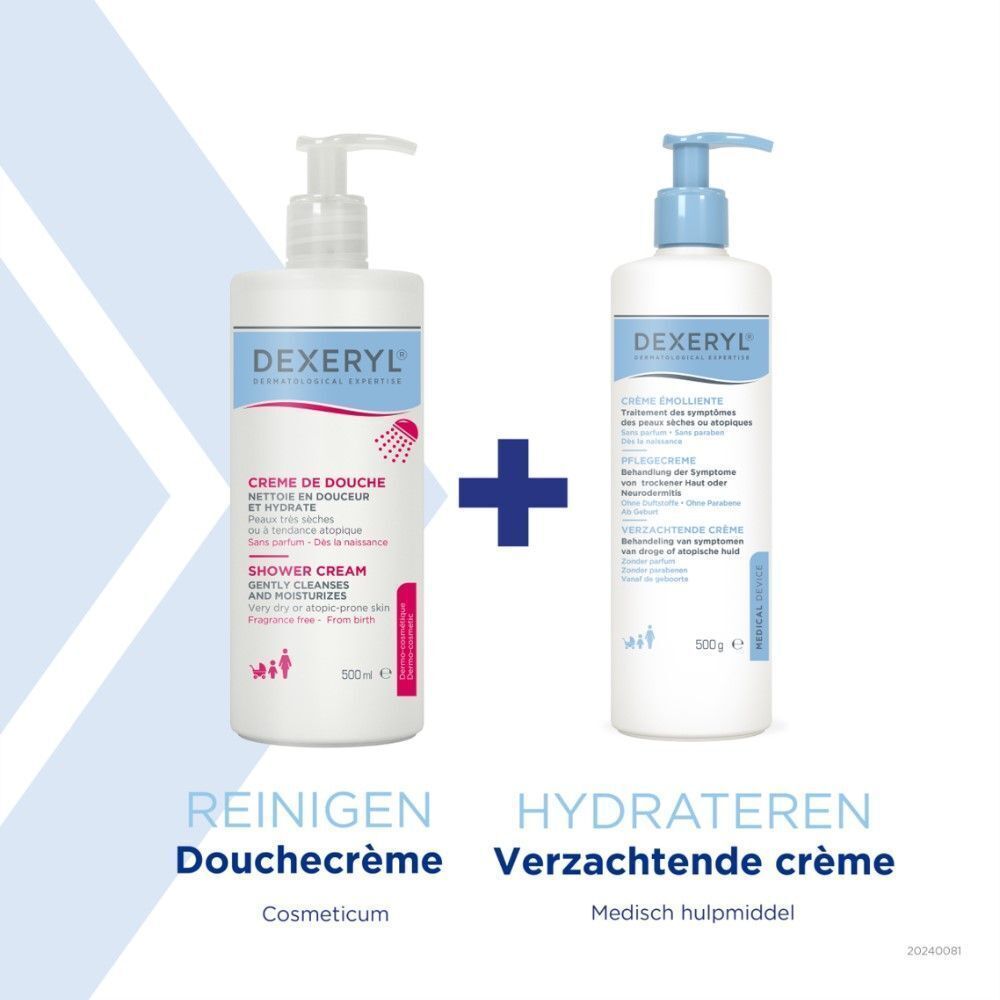 Twee producten: Dexeryl Douchecrème en Verzachtende crème. Teksten: Reinigen, Hydrateren.