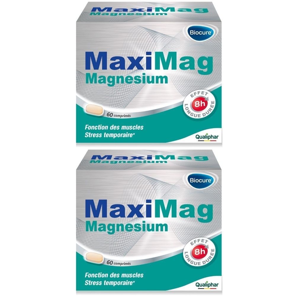 Deux boîtes de MaxiMag Magnesium. Boîtes blanches avec texte bleu et vert. Contient 60 comprimés. Logo Qualiphar.
