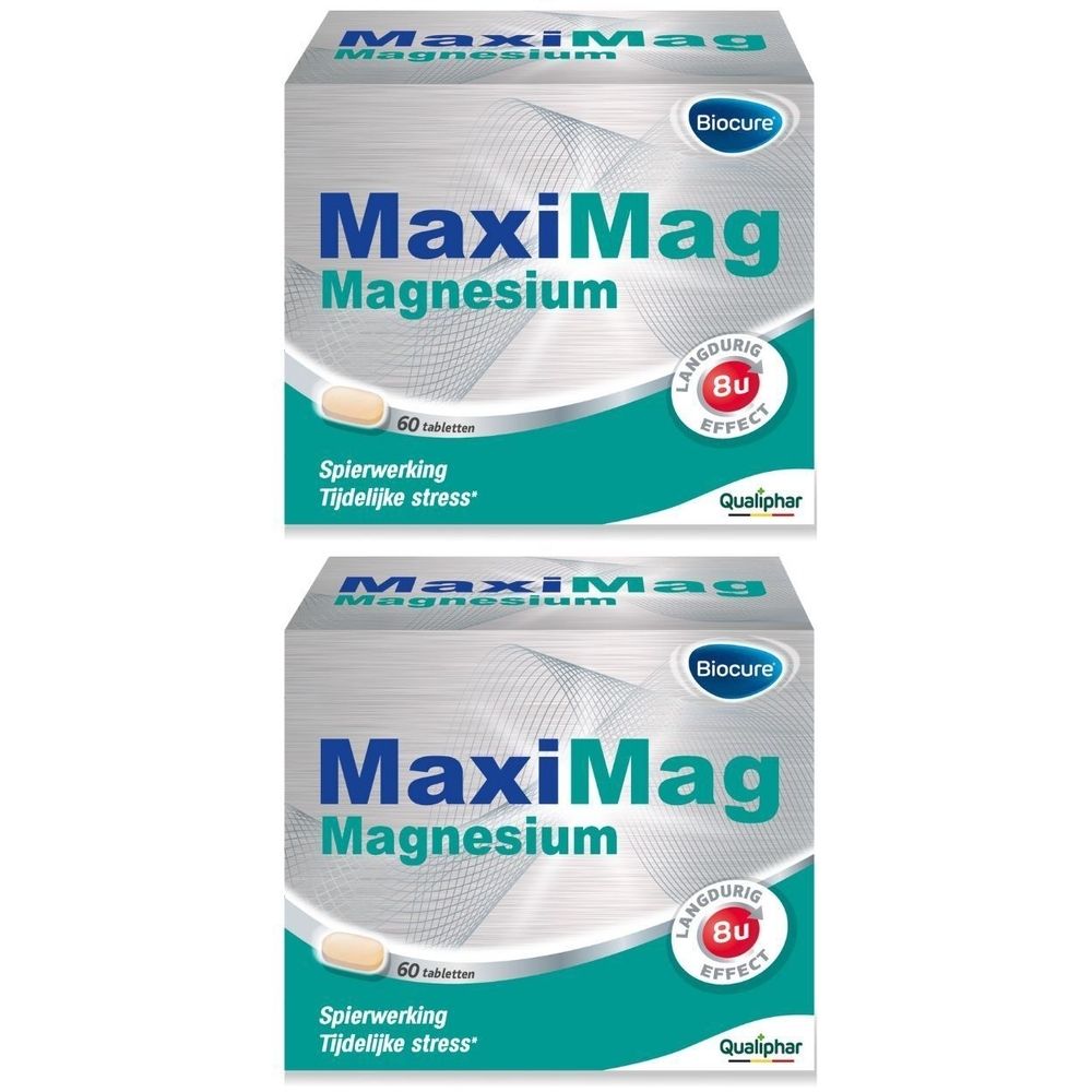 Twee dozen MaxiMag Magnesium. Witte dozen met blauwe en groene tekst. Bevat 60 tabletten. Qualiphar-logo.