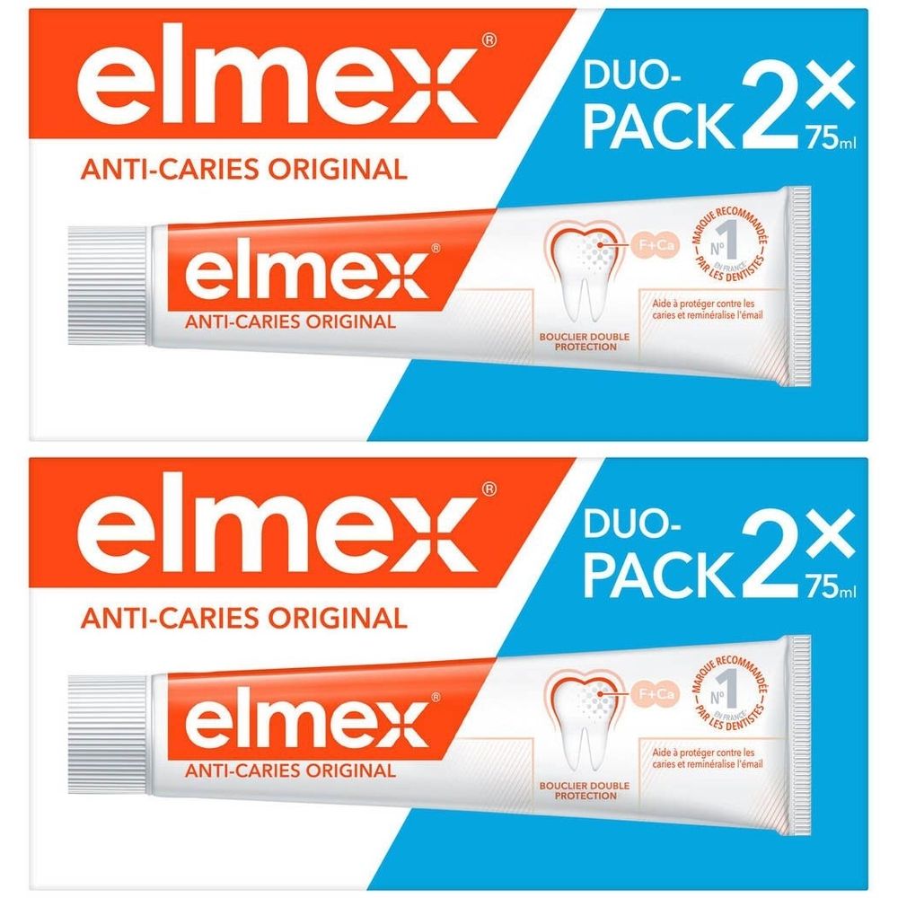 Twee tubes elmex Anti-Caries Original tandpasta, Duo-Pack. Elke tube toont een tand en het merklogo.