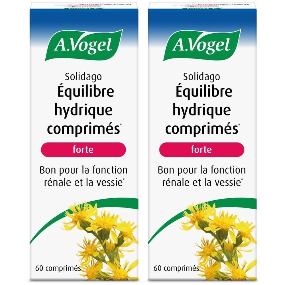 Deux boîtes de A.Vogel Solidago Équilibre hydrique comprimés forte. Boîtes blanches avec texte vert et rouge, fleurs jaunes.