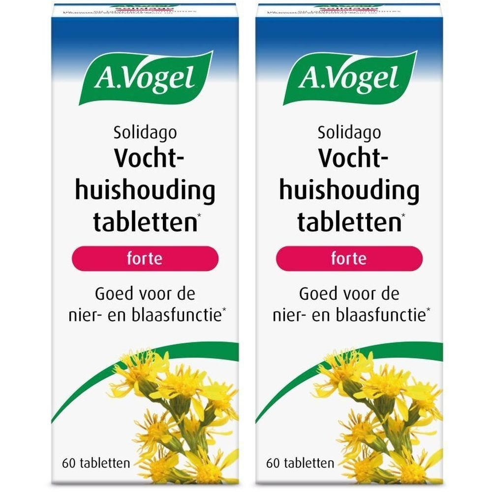 Twee dozen A.Vogel Solidago Vochthuishouding tabletten forte. Witte dozen met groene en rode tekst, gele bloemen.