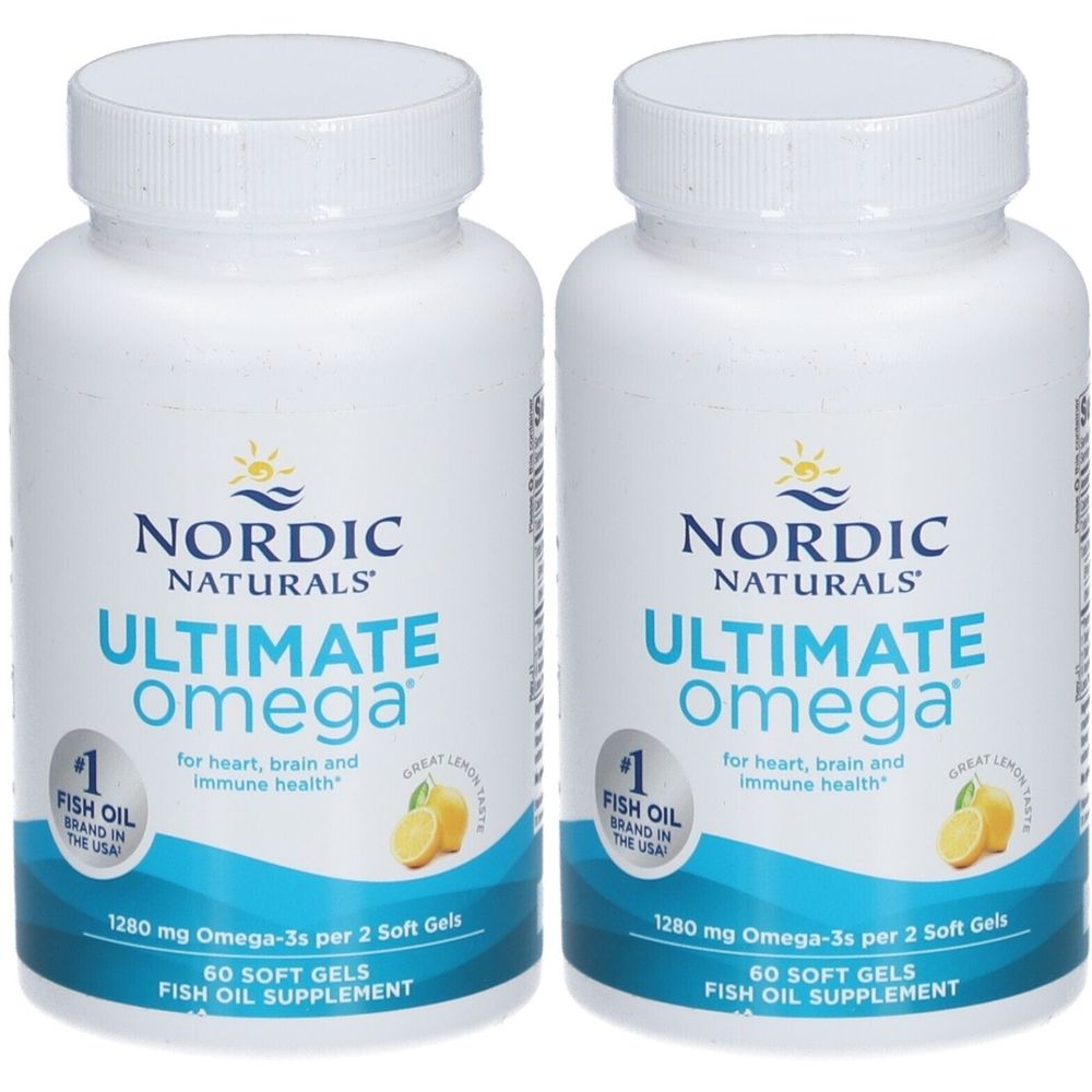 Deux flacons blancs de compléments alimentaires oméga-3. Inscription : Ultimate Omega, Nordic Naturals. Contient 60 gélules.