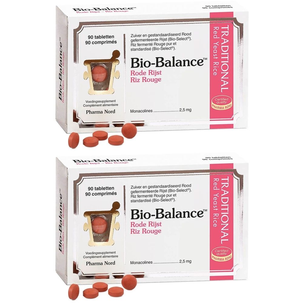 Twee dozen Bio-Balance met rode tabletten. Opschrift: Rode Rijst, Riz Rouge. Pharma Nord. 90 tabletten.