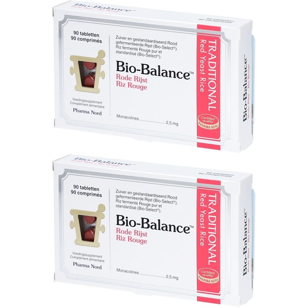 Deux boîtes de Pharma Nord Bio-Balance Riz Rouge. Boîtes blanches avec texte rouge et image du produit. 90 comprimés.