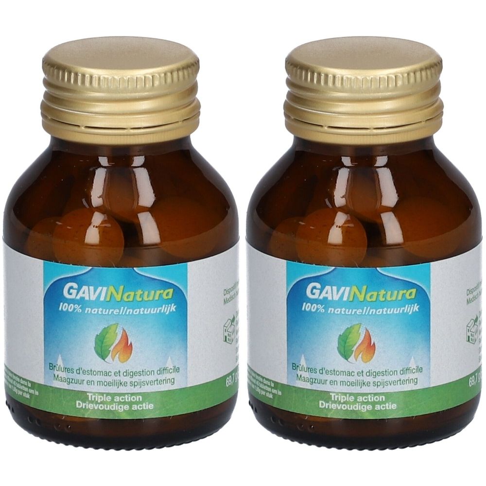 Deux flacons en verre brun avec des couvercles dorés. Les étiquettes indiquent "GAVINatura" et d'autres informations textuelles.