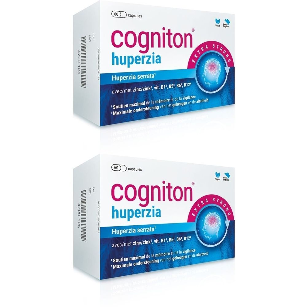 Deux boîtes de Cogniton Huperzia. Inscription : Huperzia serrata, avec zinc, vitamines. Extra Strong. 60 gélules.