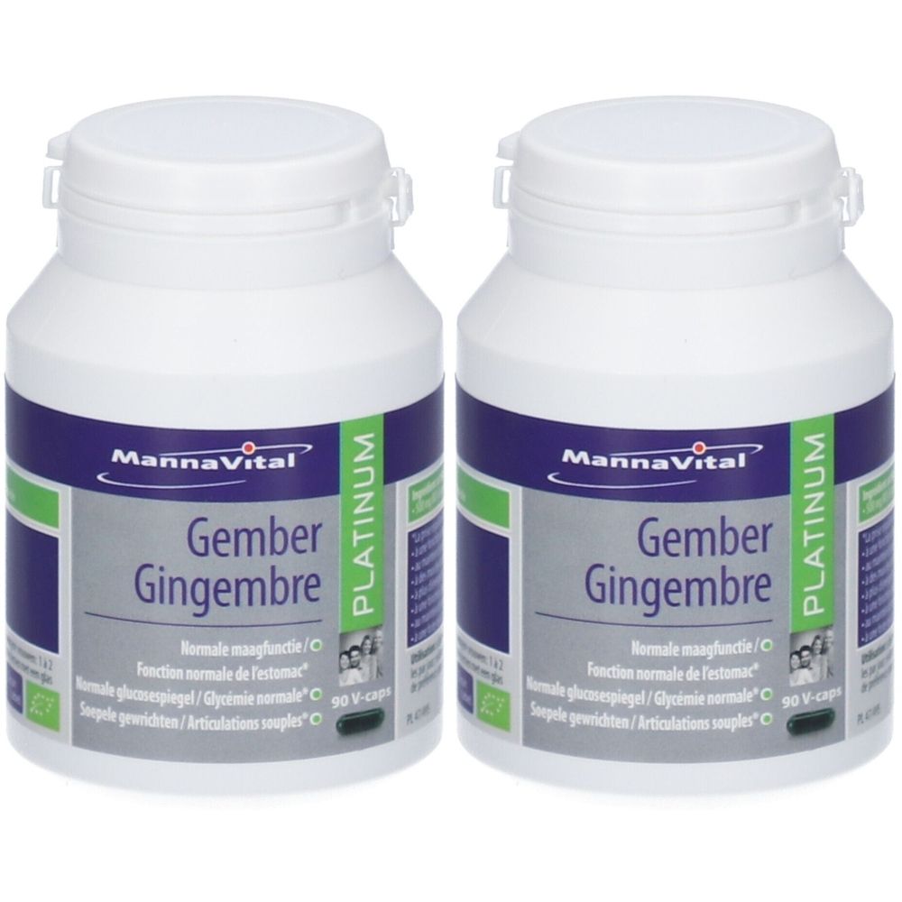 Deux flacons blancs avec étiquettes bleu-vert. Inscription: MannaVital, Gember Gingembre, Platinum. Bouchons à charnière.