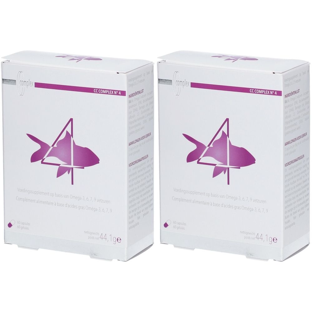Deux boîtes blanches avec logo poisson violet et texte. Inscription: CC COMPLEX N°4 Oméga. 44,1ge.