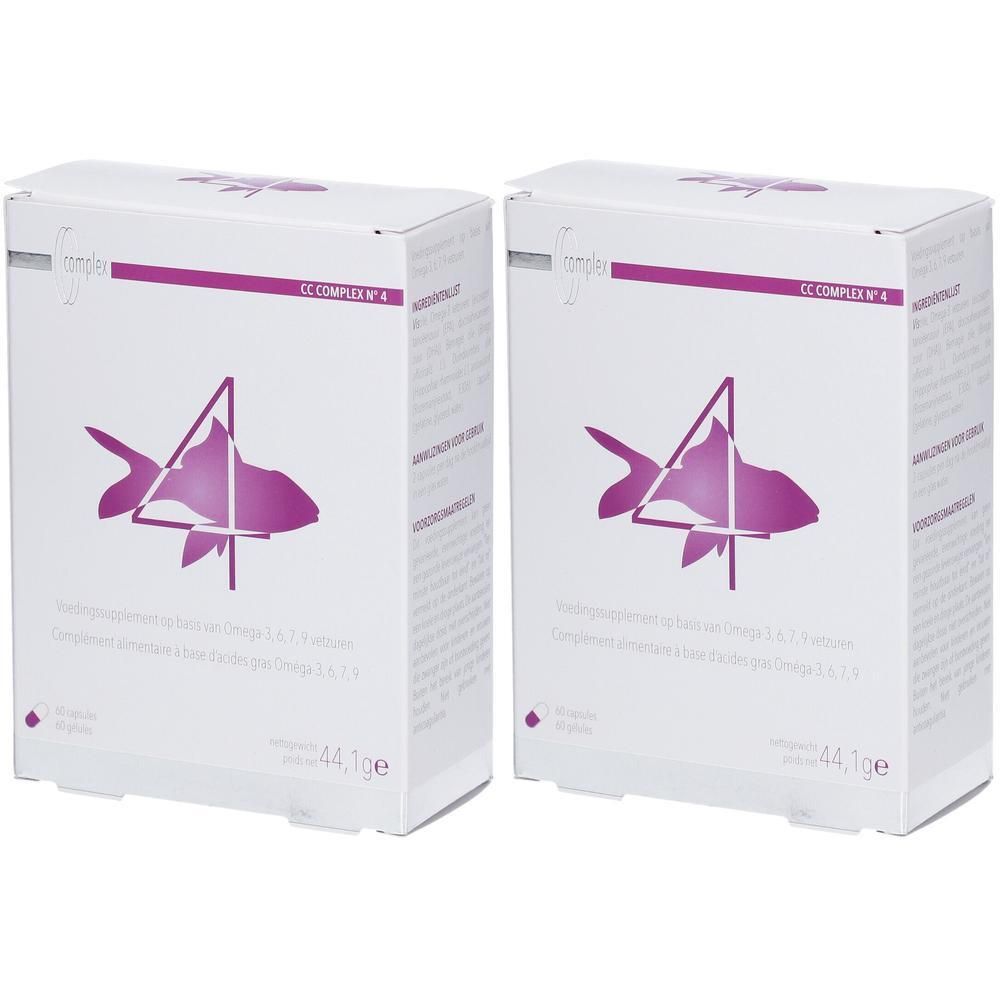 Deux boîtes blanches avec logo poisson violet et texte. Inscription: CC COMPLEX N° 4. 44,1 g.