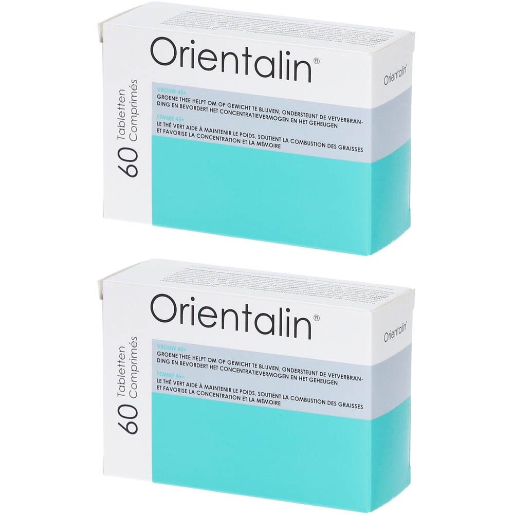 Deux boîtes d'Orientalin. Emballage blanc avec accent turquoise. Inscription: 60 comprimés.
