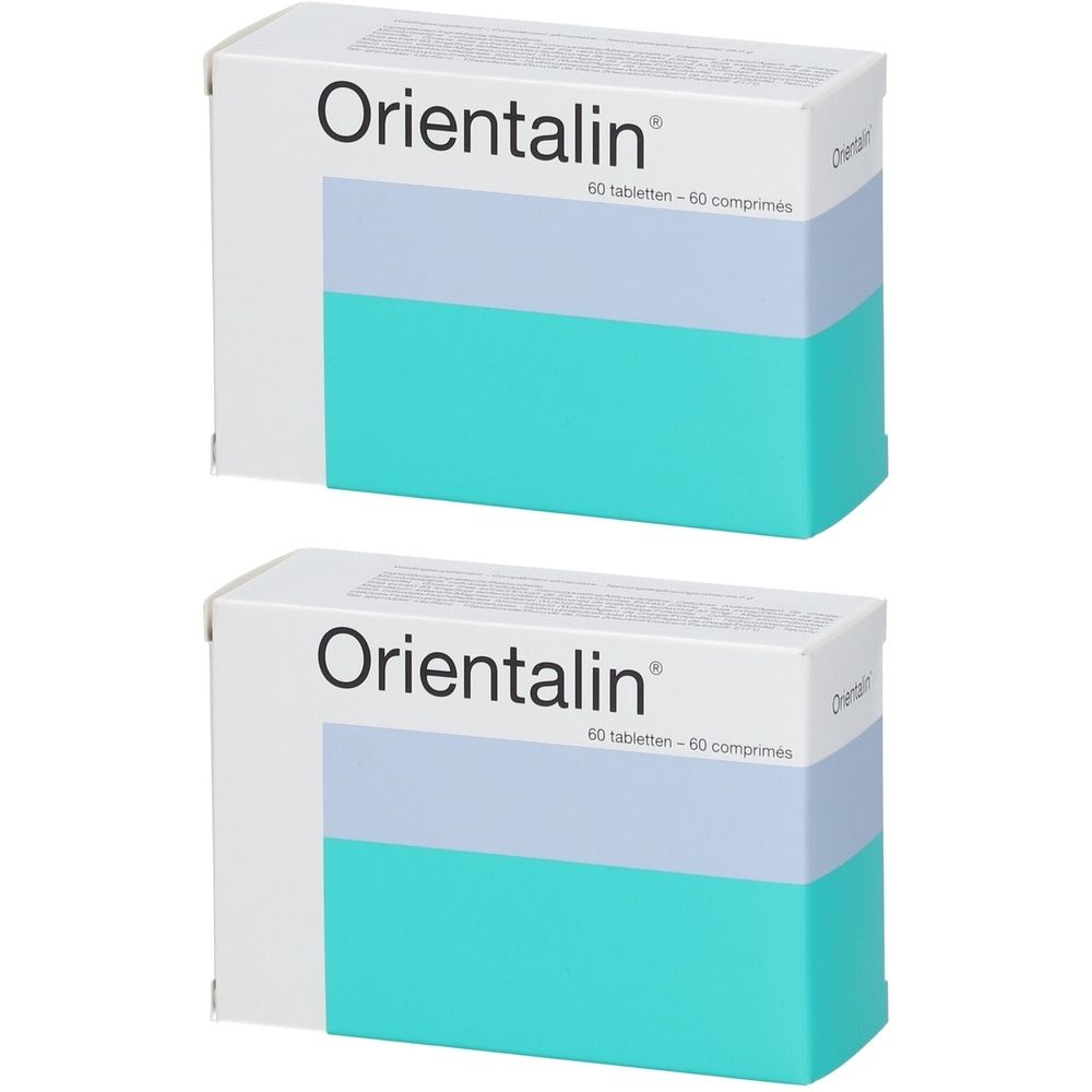 Twee dozen Orientalin. Witte dozen met turquoise en grijs gedeelte. Opschrift: Orientalin, 60 tabletten.