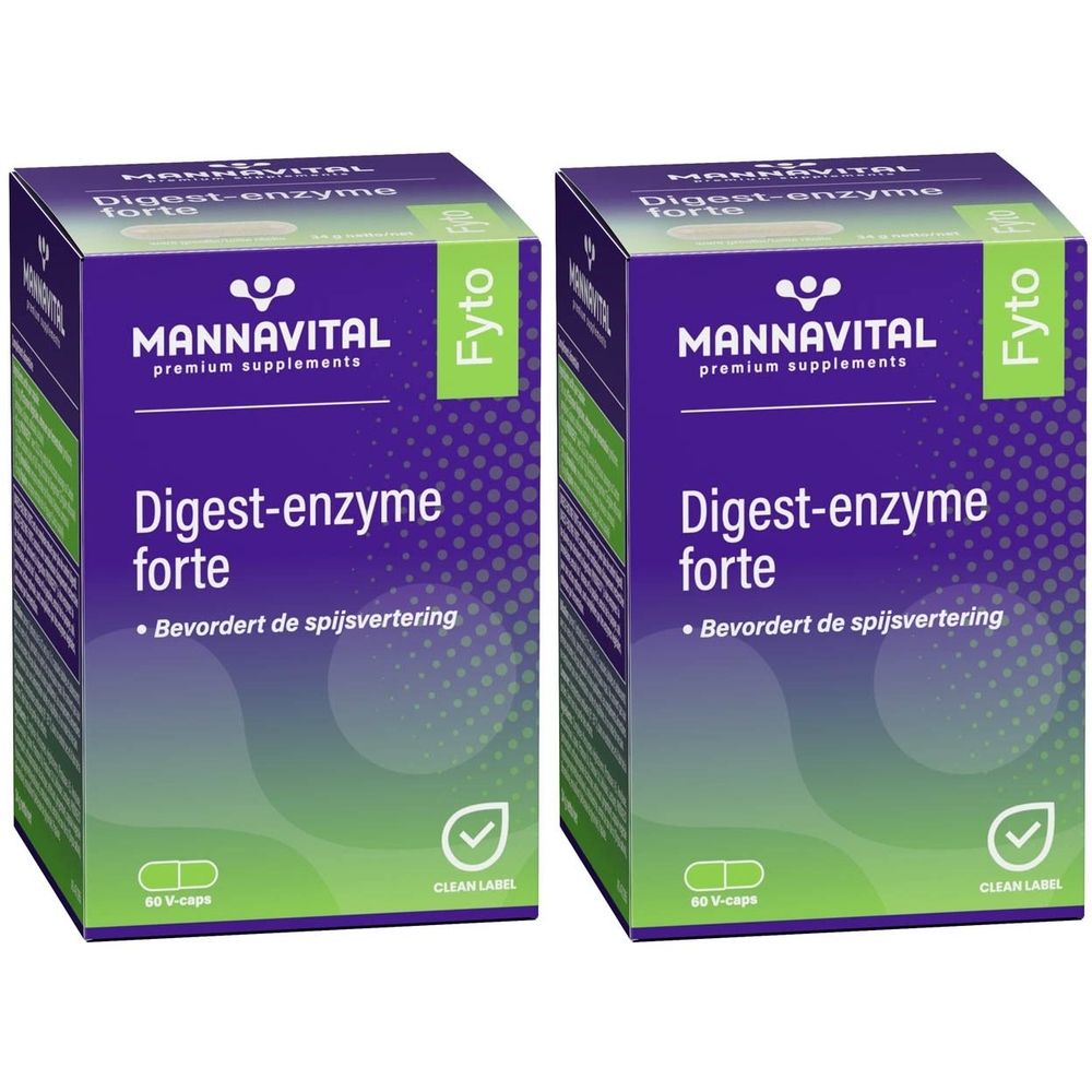 Deux boîtes de "MANNAVITAL Digest-enzyme forte". Le texte "Bevordert de spijsvertering" et une étiquette verte "Fyto" sont visibles sur l'emballage.