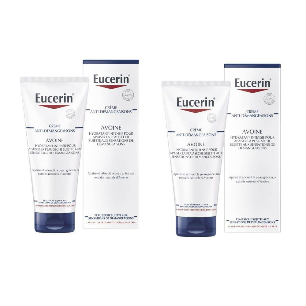 Crème et emballage. Eucerin Crème Anti-Démangeaisons. Tube blanc, bouchon bleu. Texte en français.