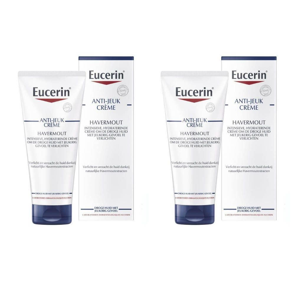 Crème en verpakking. Eucerin Anti-Juckreiz Creme. Witte tube met blauwe dop. Tekst in het Nederlands.