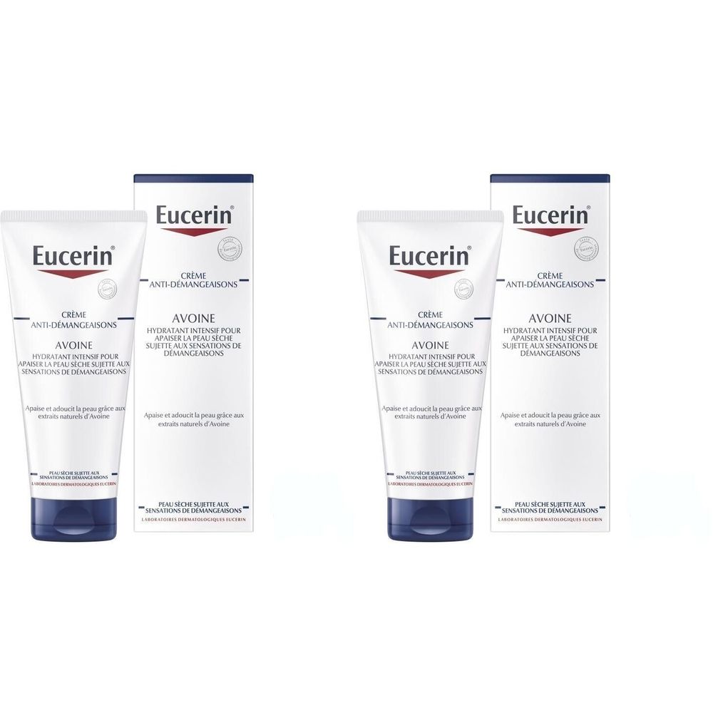 Twee tubes en dozen Eucerin crème. Witte tubes met blauwe dop. Opschrift: Anti-jeuk crème.