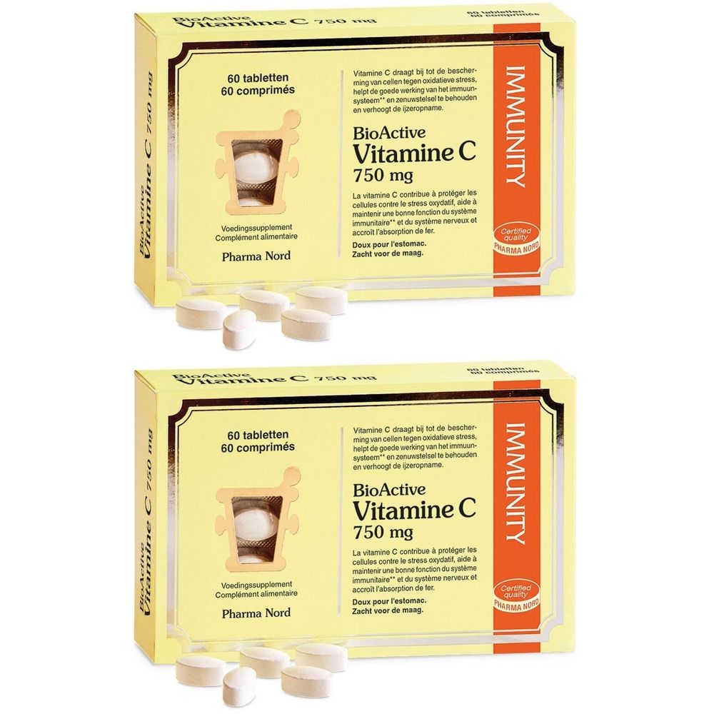 Twee dozen met vitamine C tabletten. Opschrift: BioActive Vitamine C 750 mg, 60 tabletten. Merk: Pharma Nord. Met certificering.