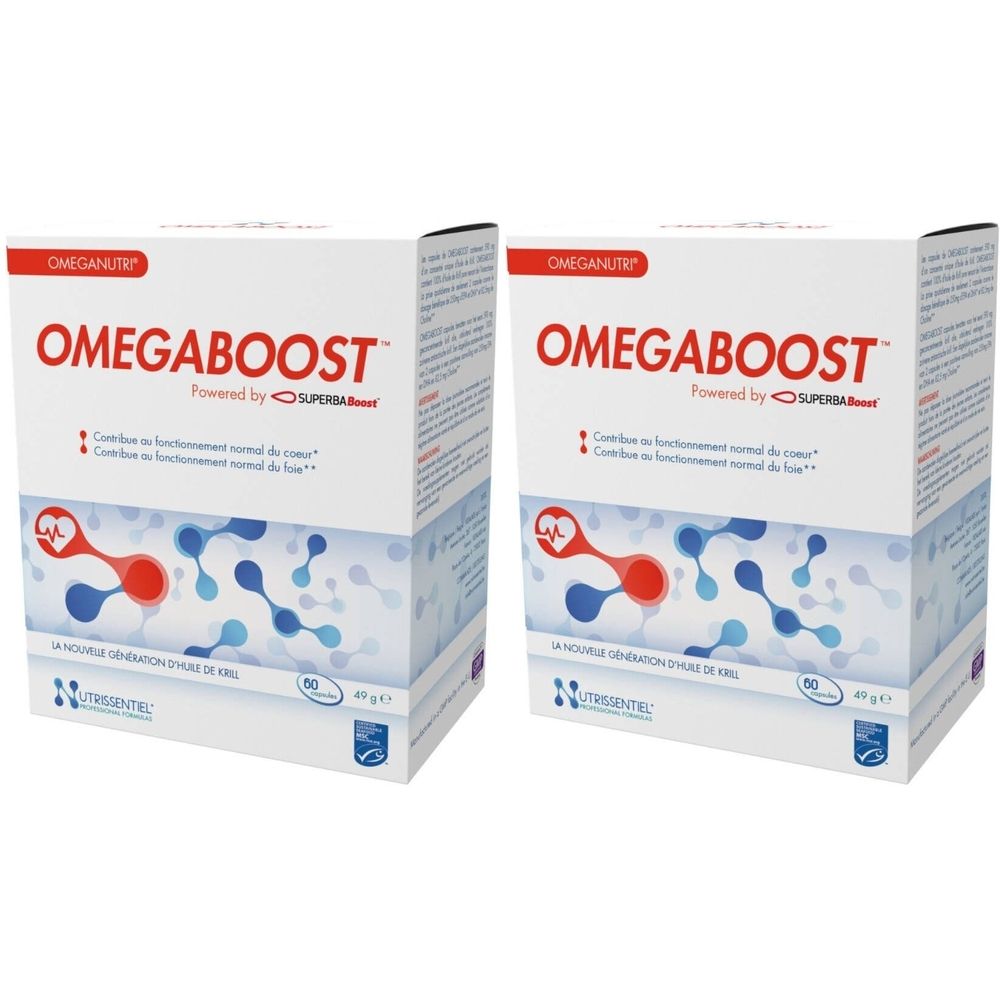 Twee dozen Omegaboost. Wit, met rode en blauwe afbeeldingen. Opschrift Omegaboost, powered by Superba Boost. Bevat 60 capsules.