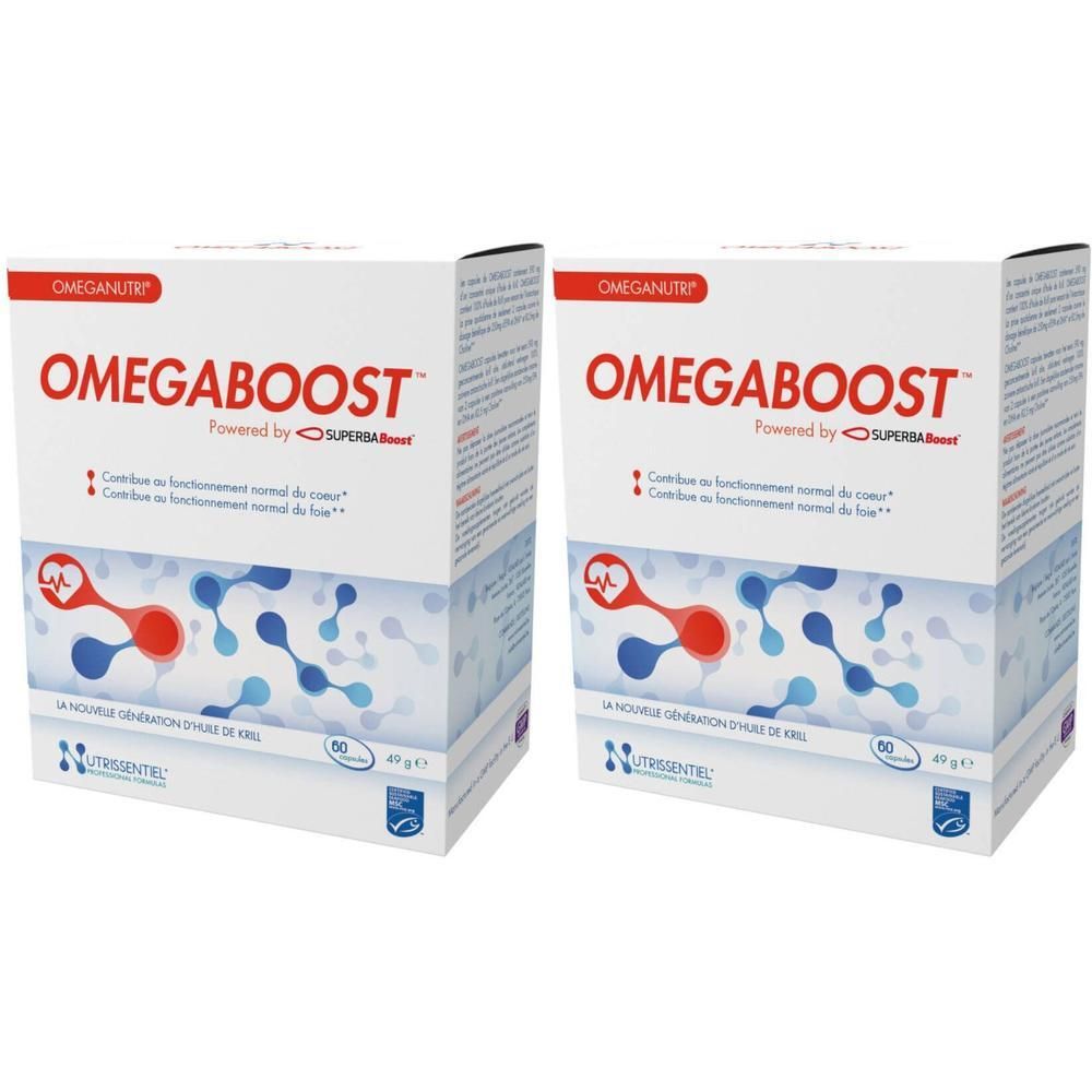 Twee dozen OMEGABOOST. Wit, met rode en blauwe graphics. Opschrift OMEGABOOST. 60 capsules. Merk OMEGANUTRI.