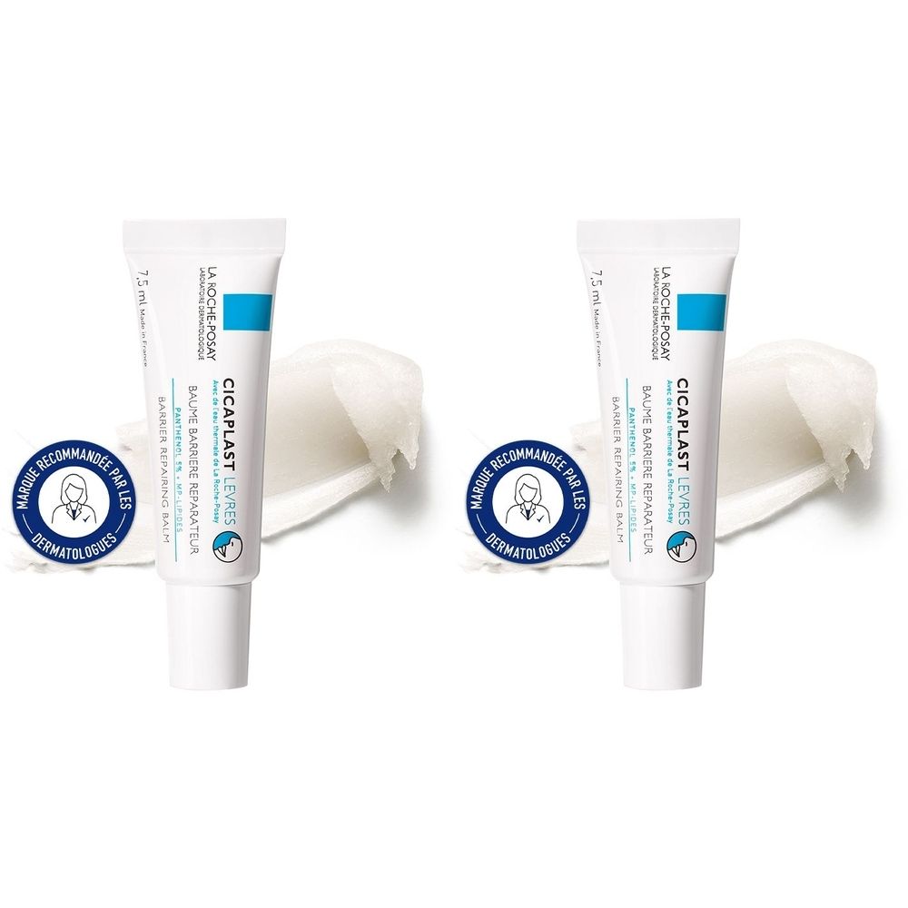 Deux tubes de La Roche-Posay Cicaplast Lèvres. Tubes blancs avec marquage bleu. Texte: Baume Barrière Réparateur Lèvres.