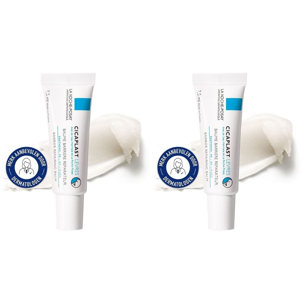 Twee tubes La Roche-Posay Cicaplast Lèvres. Witte tubes met blauwe markering. Tekst: Baume Barrière Réparateur Lèvres.