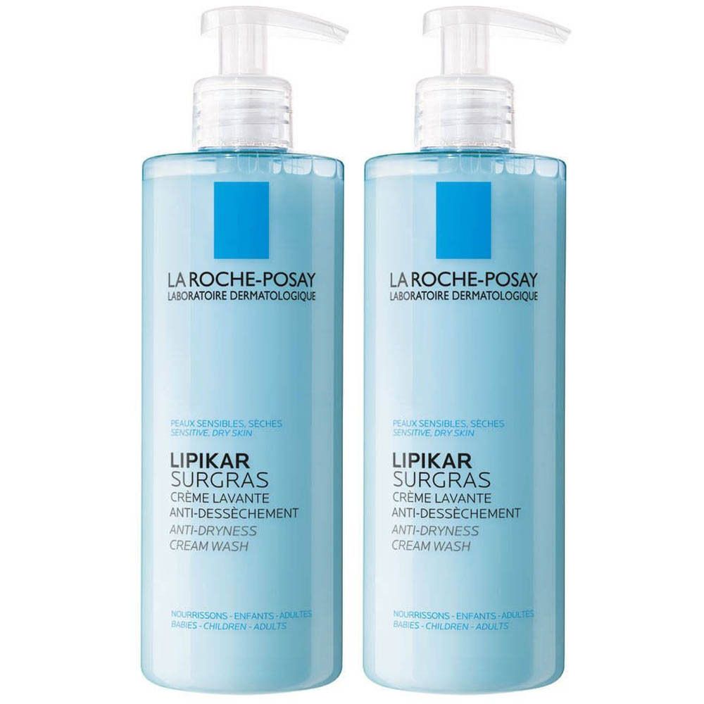 Deux flacons de La Roche-Posay Lipikar Surgras Savon-Crème. Flacons bleu clair avec pompe. Inscriptions du produit imprimées.