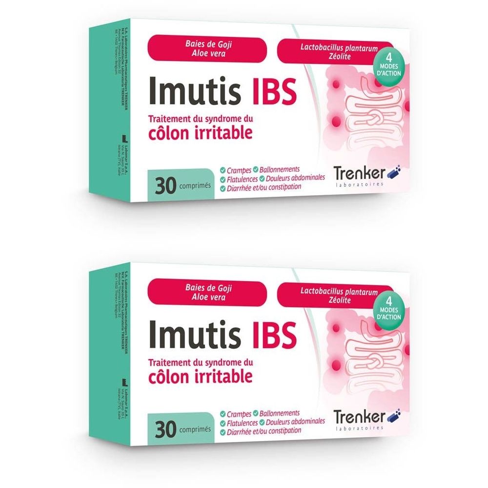Twee dozen Imutis IBS. Witte dozen met rode en groene tekst. Bevat 30 tabletten. Trenker-logo.