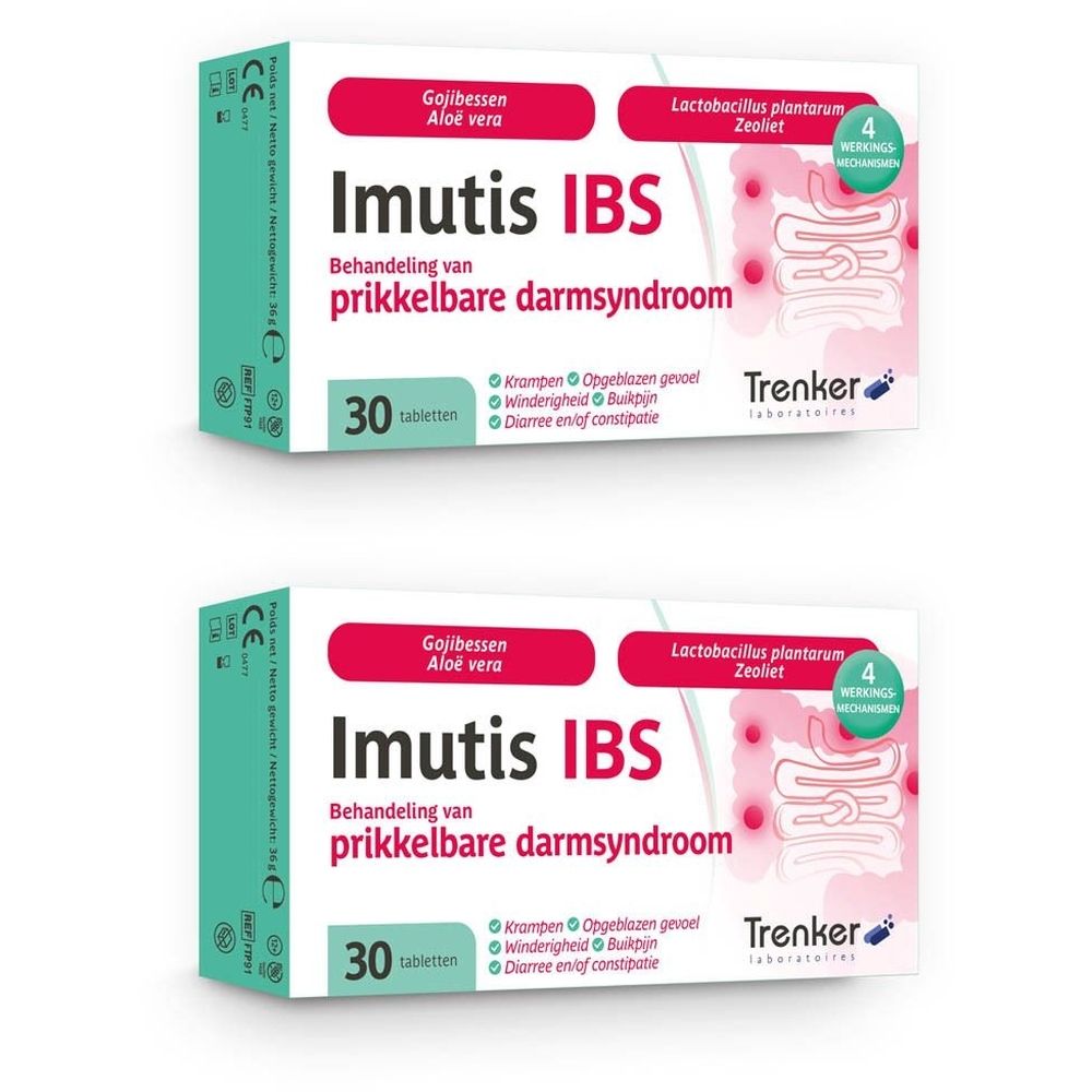 Twee dozen Imutis IBS. Witte dozen met rode en groene tekst. Bevat 30 tabletten. Trenker-logo.