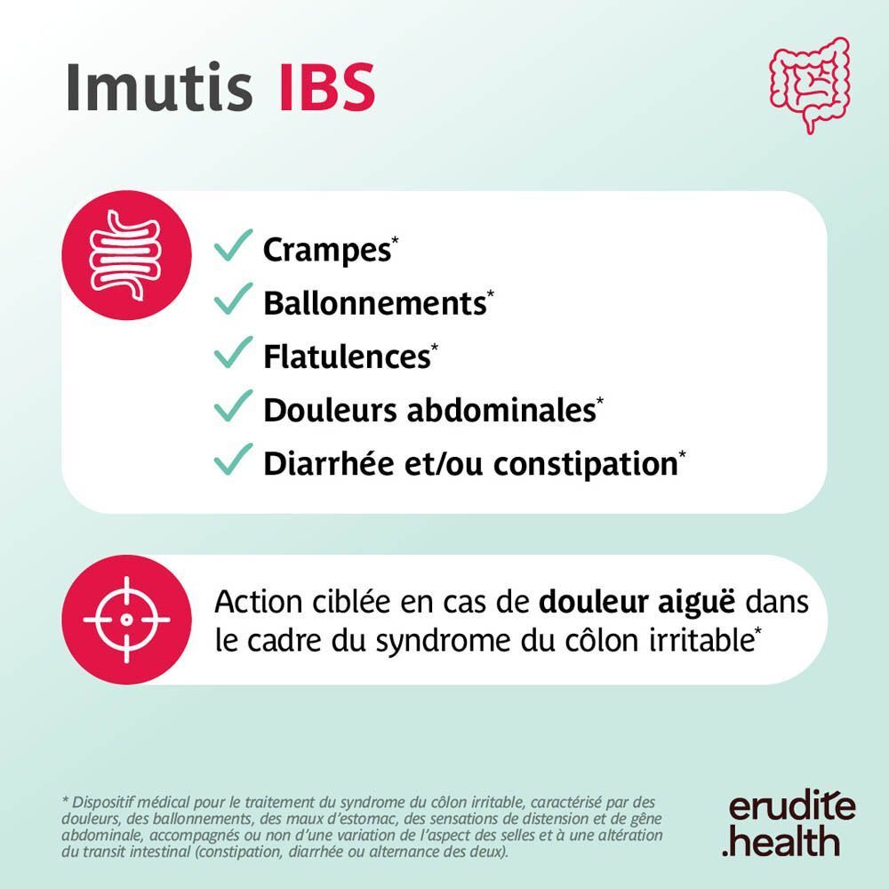Imutis IBS : Dispositif médical pour soulager les symptômes du côlon irritable, tels que crampes et ballonnements.