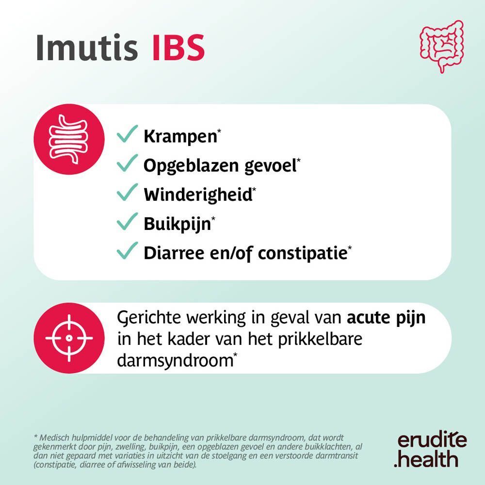 Weergave van het spijsverteringsstelsel met symptomen van prikkelbare darm syndroom. Erudite.health logo.