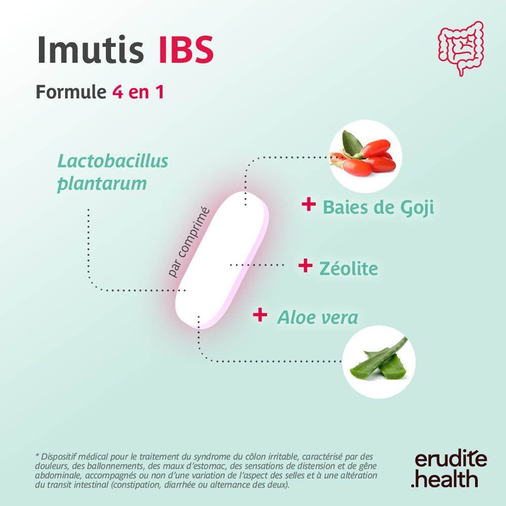 Emballage d'Imutis IBS, Formule 4 en 1, avec Lactobacillus plantarum, Baies de Goji, Zéolite et Aloe Vera.