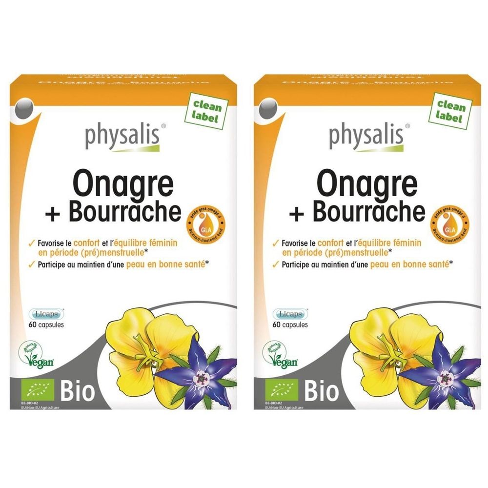 Twee verpakkingen Physalis Onagre + Bourrache Bio. Elke verpakking bevat 60 capsules. Met Bio-label en Vegan-logo.