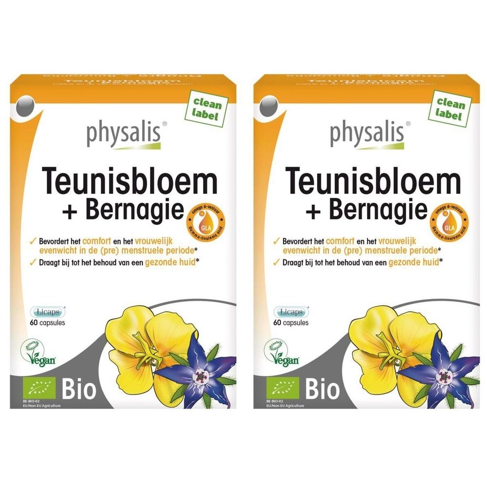 Twee verpakkingen Physalis Teunisbloem + Bernagie. Elke verpakking bevat 60 capsules. Met Bio-label en Vegan-logo.