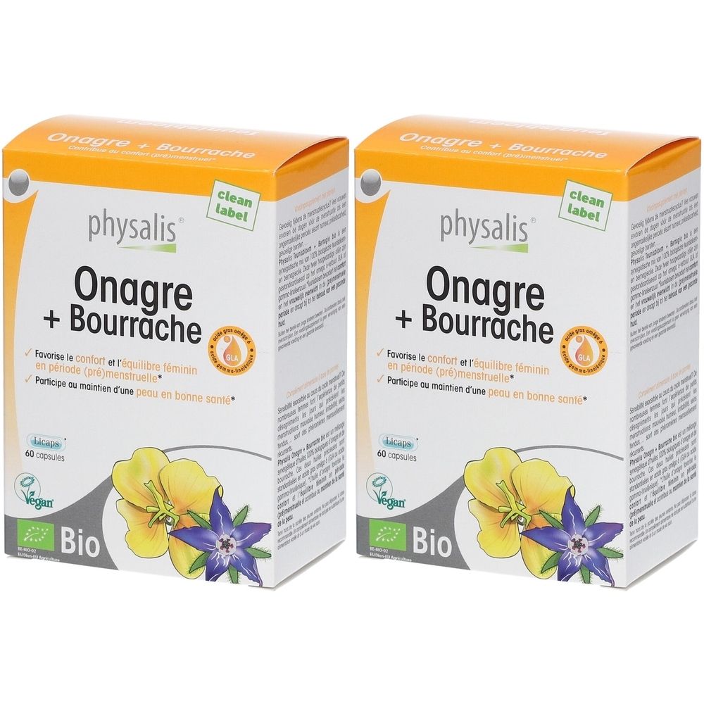 Twee dozen Physalis Onagre + Bourrache Bio. Opschriften: logo, naam, tekst, bloemenillustratie, Vegan-label, Bio-label.