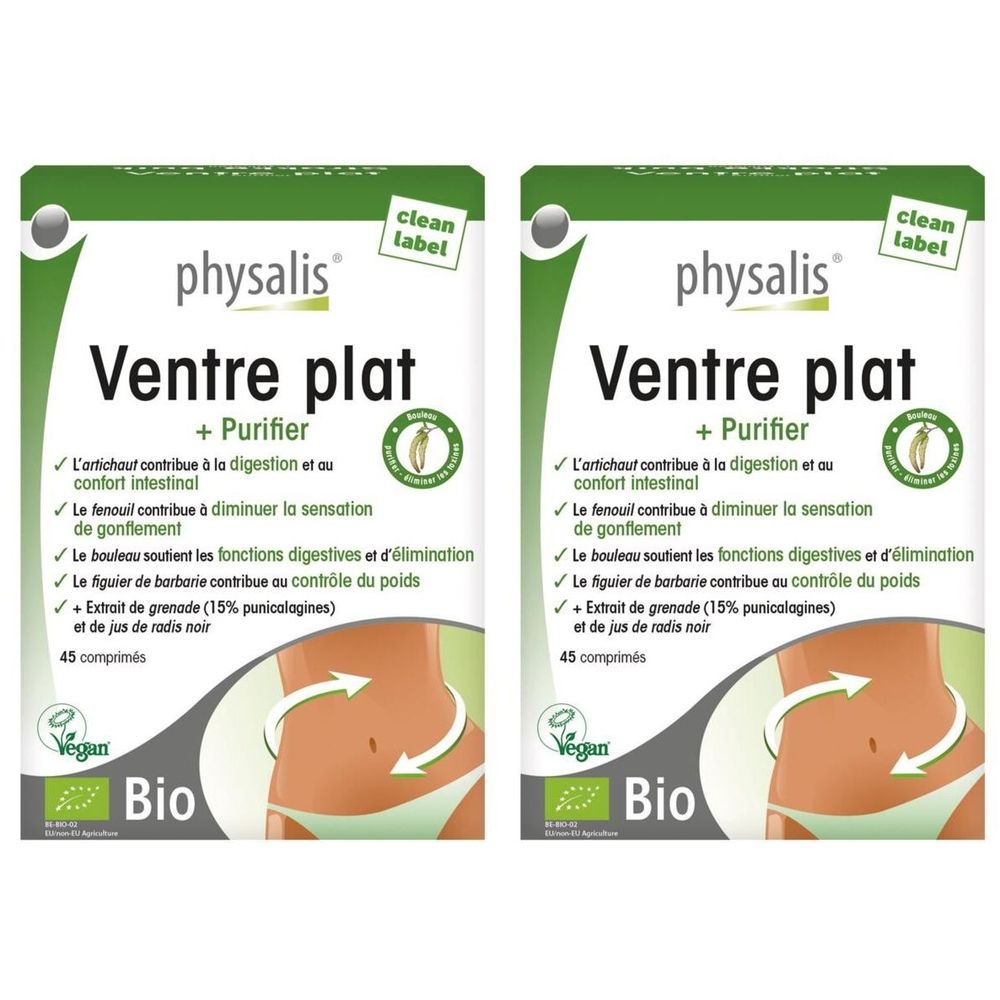 Deux boîtes Physalis Ventre Plat. Boîtes blanches à accents verts. Texte: Ventre Plat, label Bio, 45 comprimés.