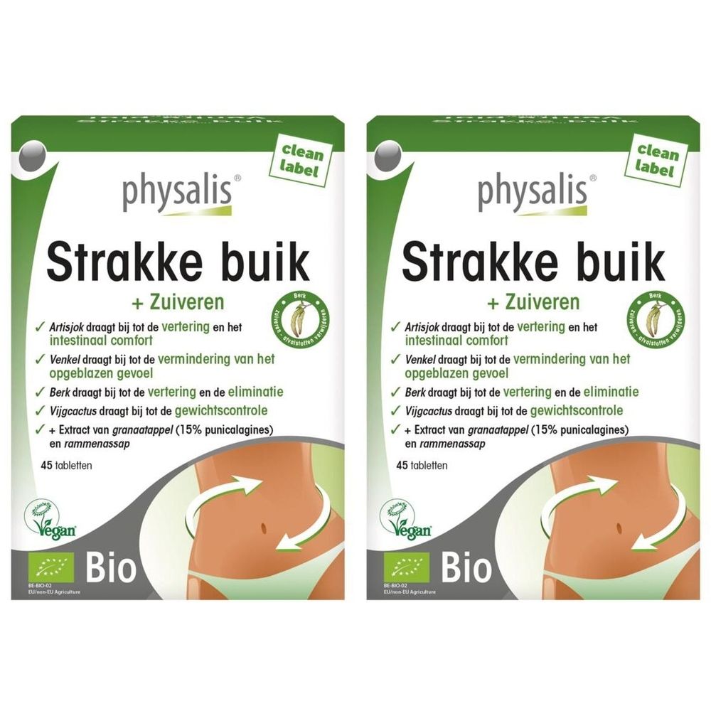 Twee verpakkingen Physalis Strakke buik. Witte dozen met groene accenten. Tekst: Strakke buik, Bio label, 45 tabletten.