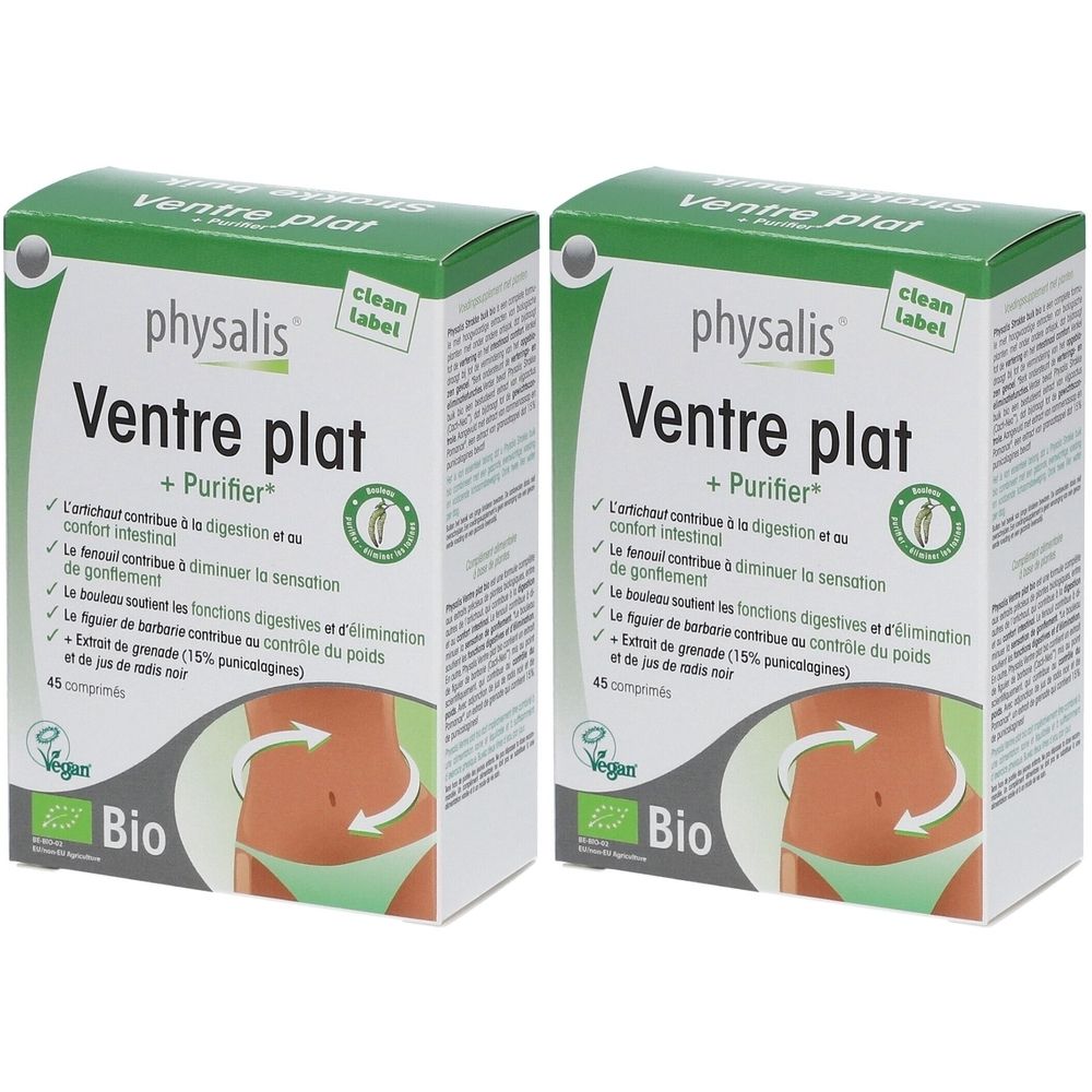Deux boîtes vertes "physalis Ventre plat + Purifier". Logo Vegan Bio. Texte en français.