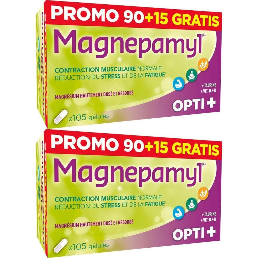 Deux boîtes de Magnepamyl Opti+ avec l'inscription 'Promo 90+15 Gratis'. Contient 105 gélules. Texte: 'Contraction musculaire normale'.