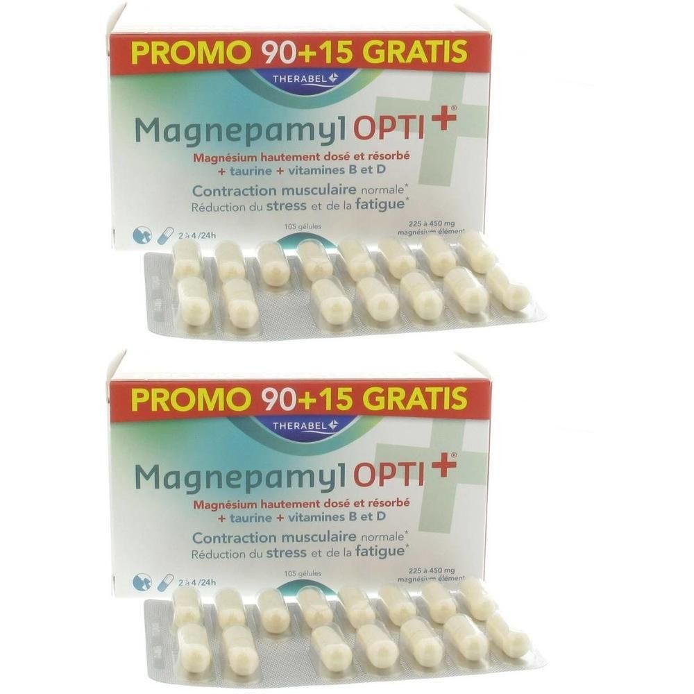 Deux boîtes de Magnepamyl Opti+ avec gélules en plaquettes. Inscription : Promo 90+15 Gratis.