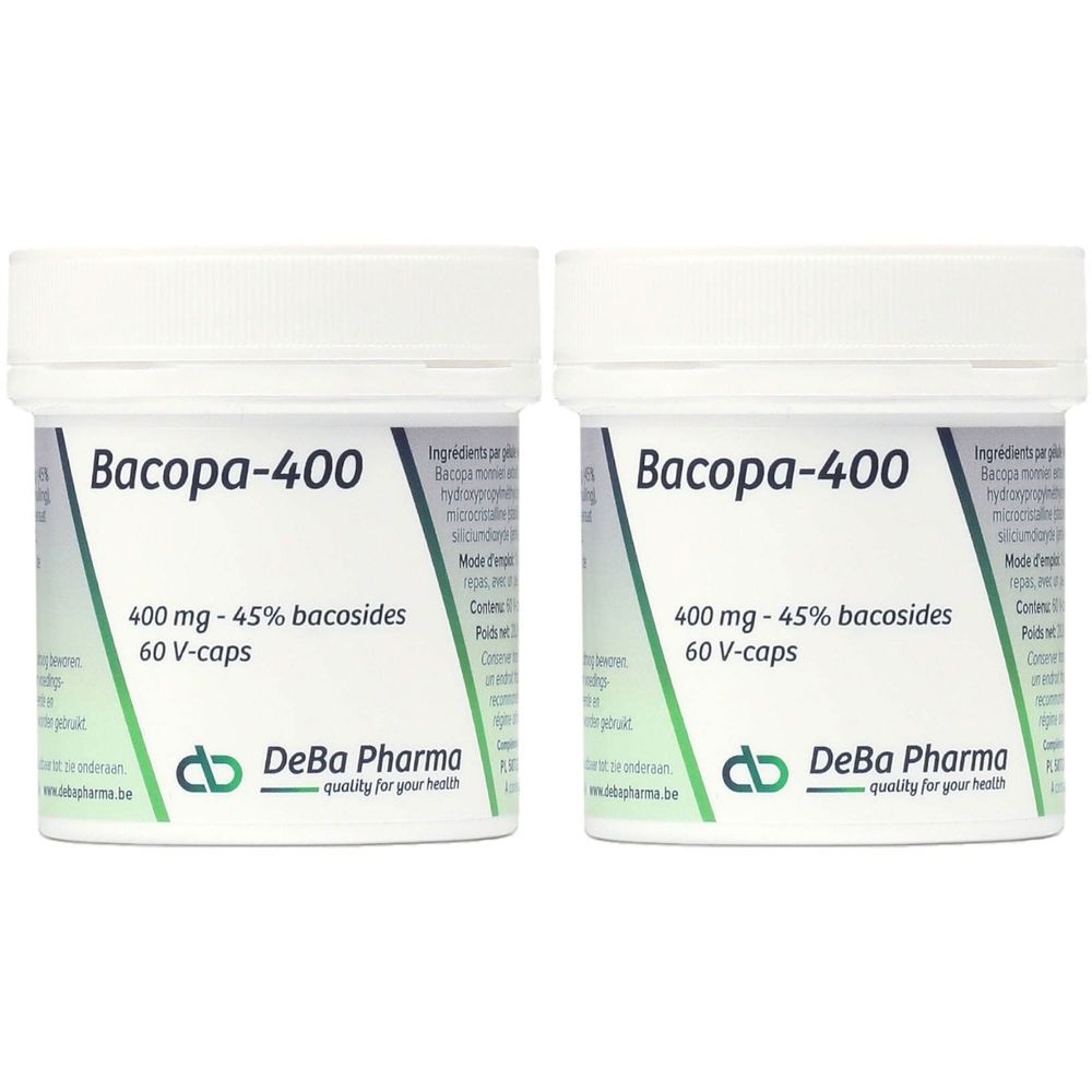 Twee witte potten met de tekst "Bacopa-400". Opschrift: 400 mg - 45% bacosides, 60 V-caps. Logo DeBa Pharma.