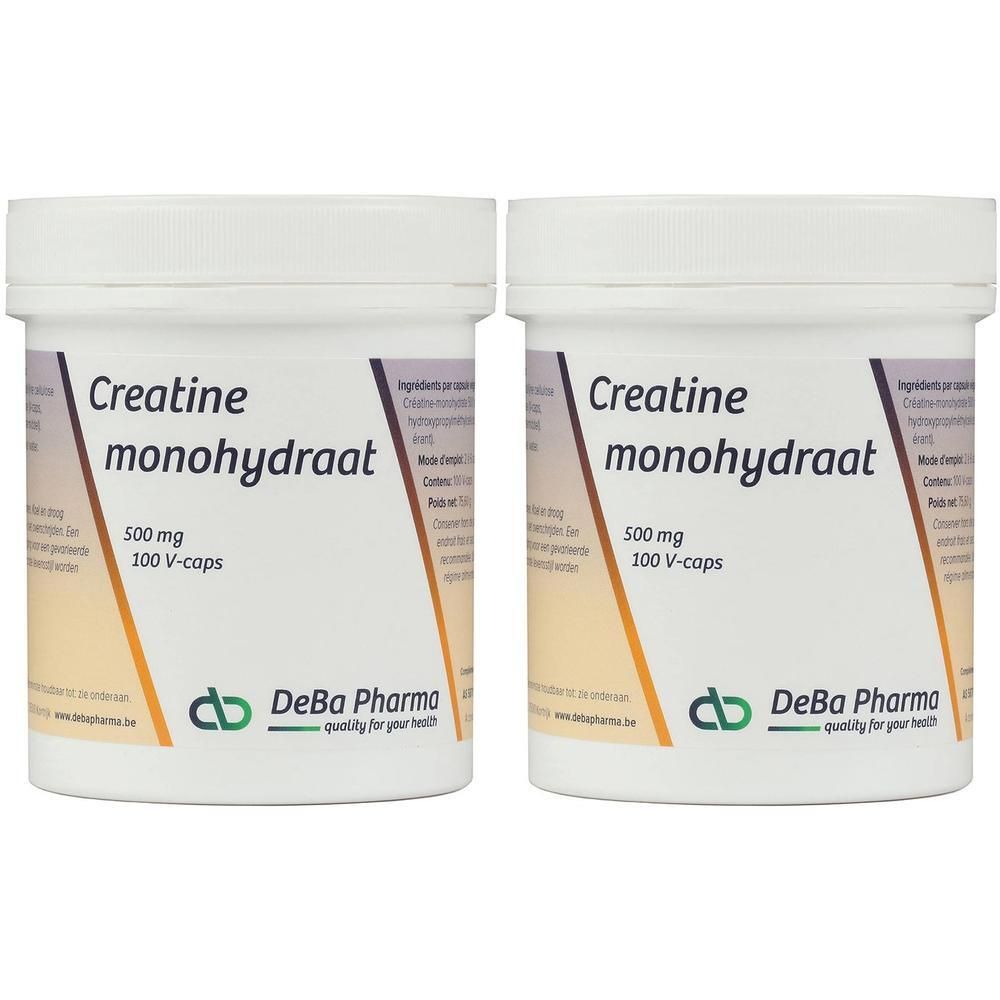 Twee witte potten met "Creatine monohydraat". DeBa Pharma logo. 500 mg, 100 V-caps.