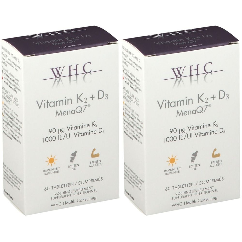 Deux boîtes blanches avec l'inscription WHC Vitamine K2 + D3. Contient 60 comprimés. Inscriptions : MenaQ7, 90 µg Vitamine K2, 1000 UI Vitamine D3.