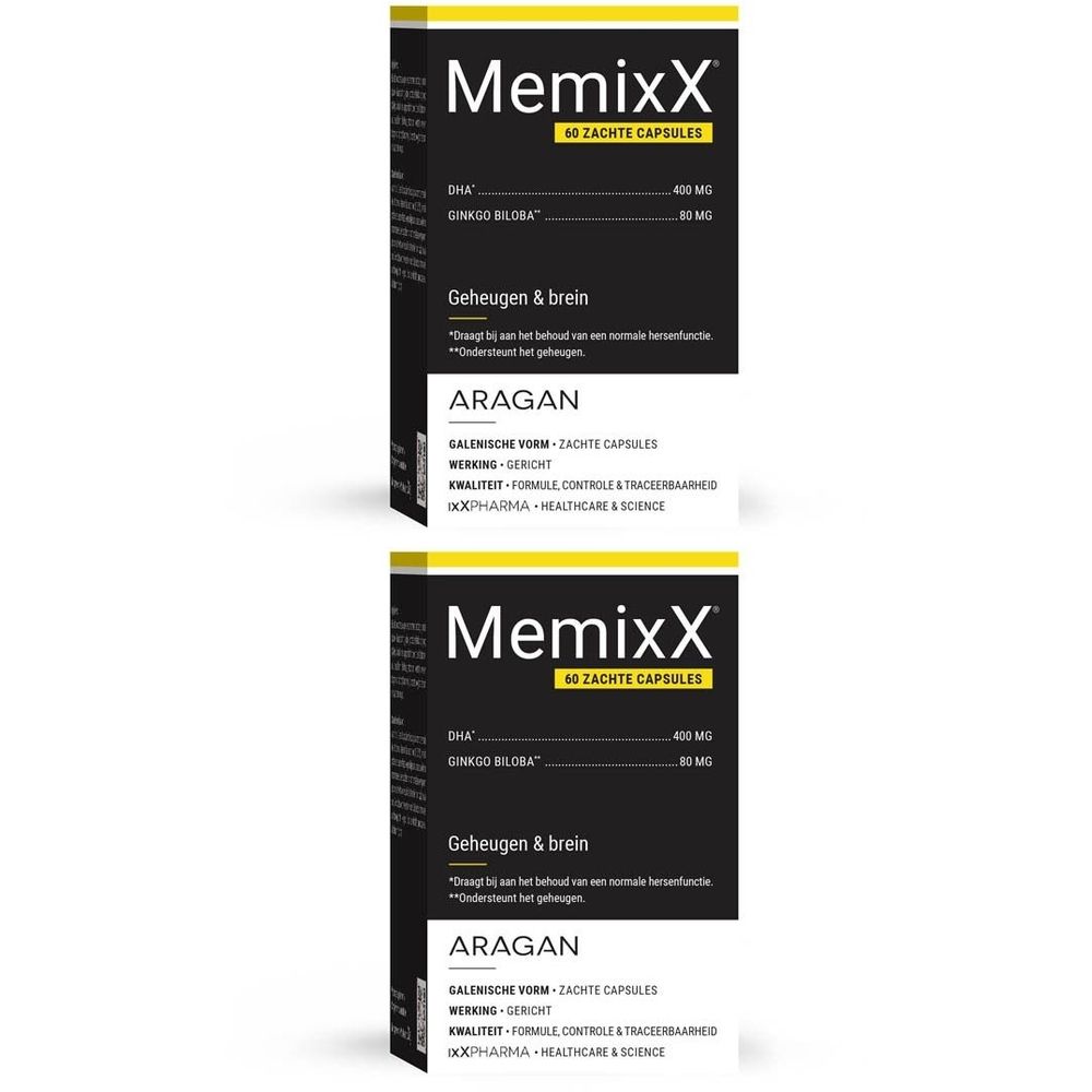 Twee MemixX-verpakkingen, zwarte verpakking met witte tekst. Bevat DHA en Ginkgo Biloba. 60 capsules.
