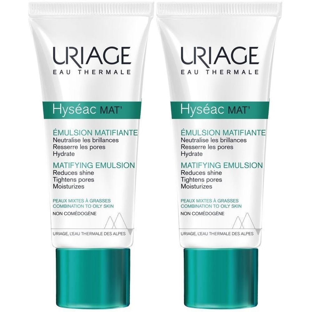 Deux tubes de crème Uriage Hyséac Mat. Blanc avec accents verts. Texte : 'MATIFYING EMULSION', 'NON COMEDOGENE'.