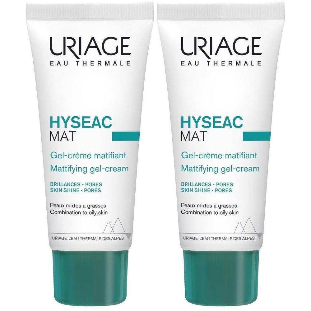 Deux tubes de Uriage Hyseac Mat Gel-Crème Matifiant. Blanc, accents verts. Texte en façade.