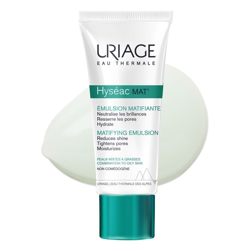 Deux tubes Uriage Hyséac Mat avec autocollant jaune. Texte : Hyséac Mat, Emulsion matifiante.