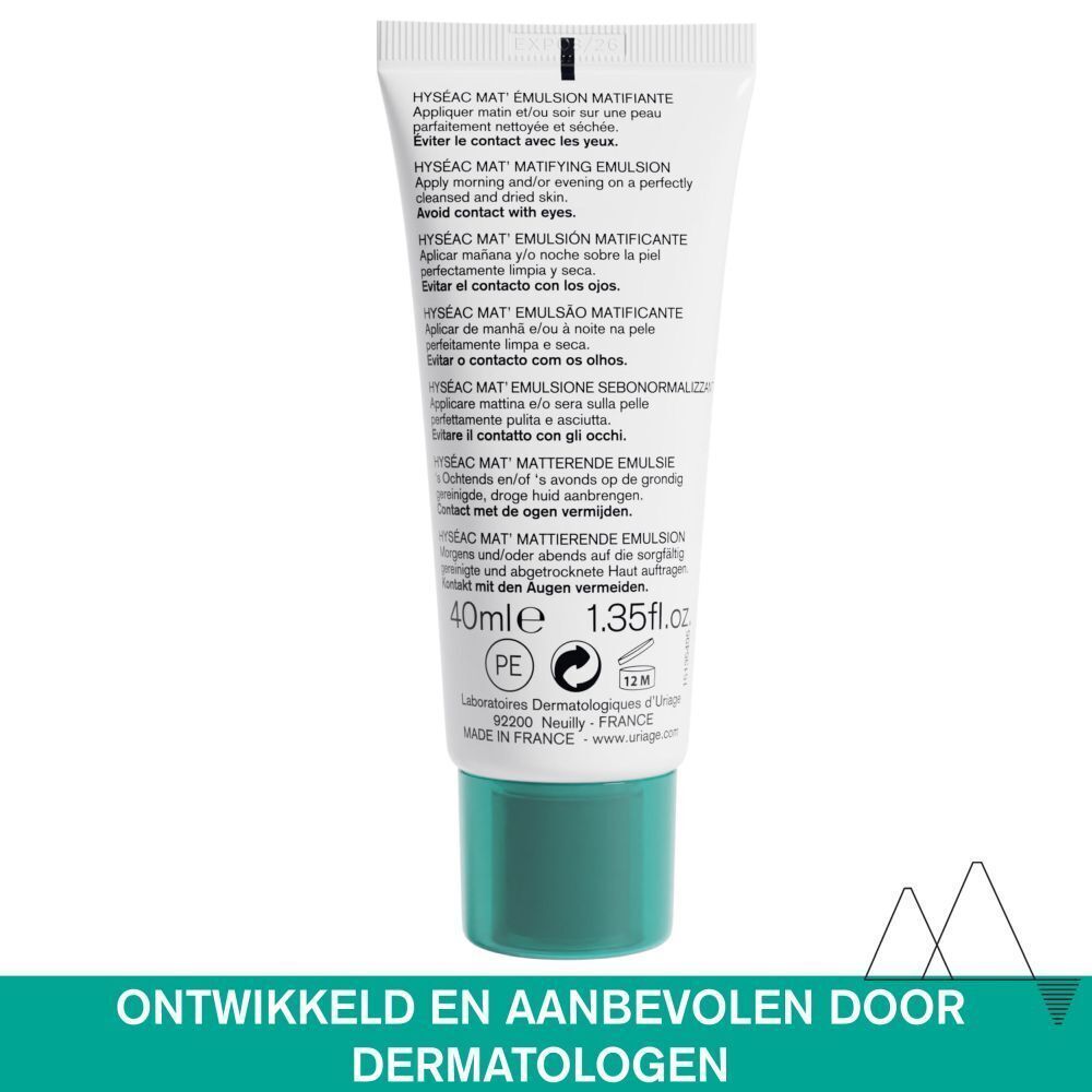 Grafiek met ingrediënten. Tekst: Extrait végétal pore refiner, Glycérine, Eau thermale d'Uriage.