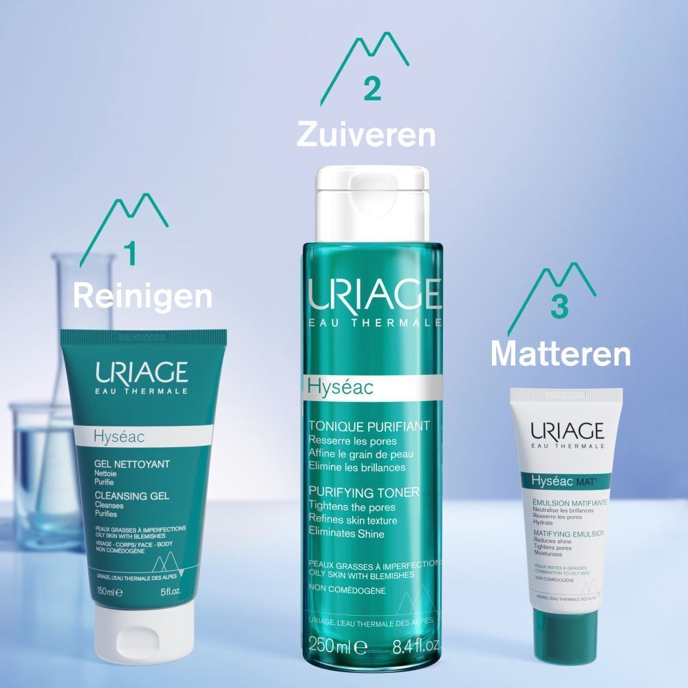 Grafiek met tekst. Tekst: Développé et recommandé par les dermatologues, Adapté aux peaux à tendance acnéique.